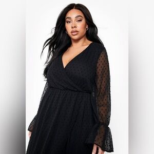 BOOHOO black midi dress with mesh polka dot sleeves